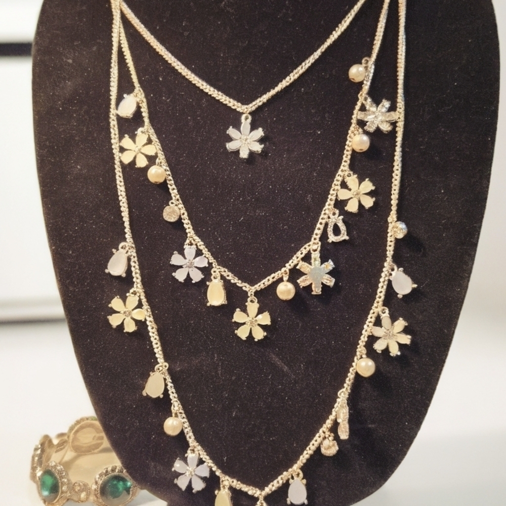 Elegant Gold Opalescent Floral Multi Layered Necklace Set